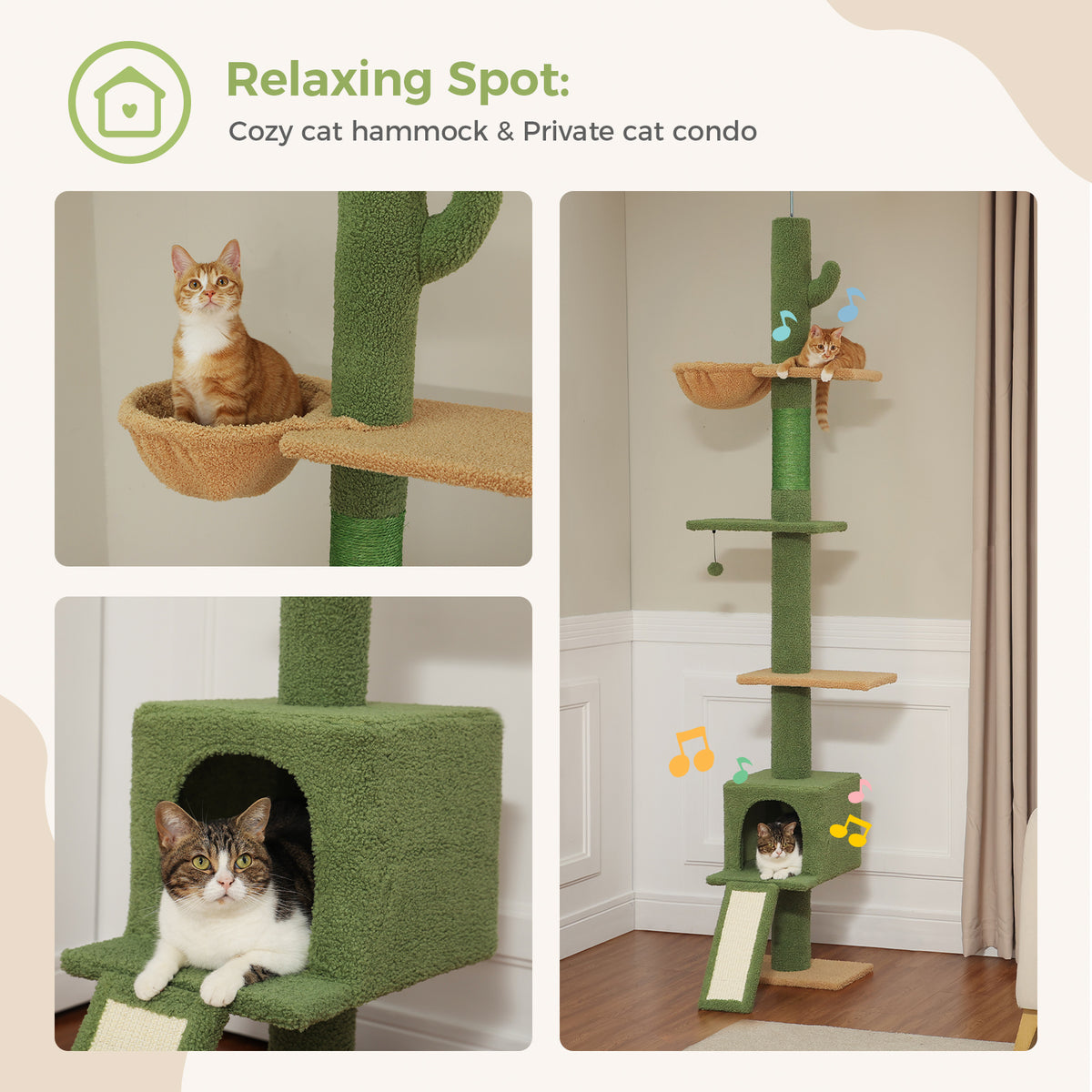 Collage of the cactus cat tree with an orange tabby in the hammock and a brown tabby peeking from the green condo
