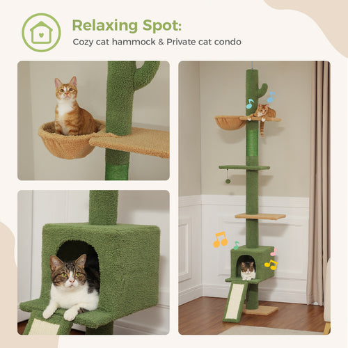Collage of the cactus cat tree with an orange tabby in the hammock and a brown tabby peeking from the green condo