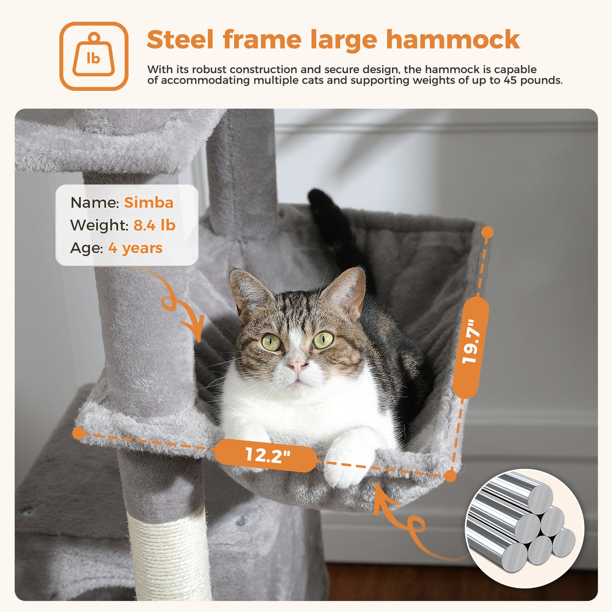 Steel-framed hammock feature graphic on grey 180cm cat tree, tabby cat inside, size and weight callouts