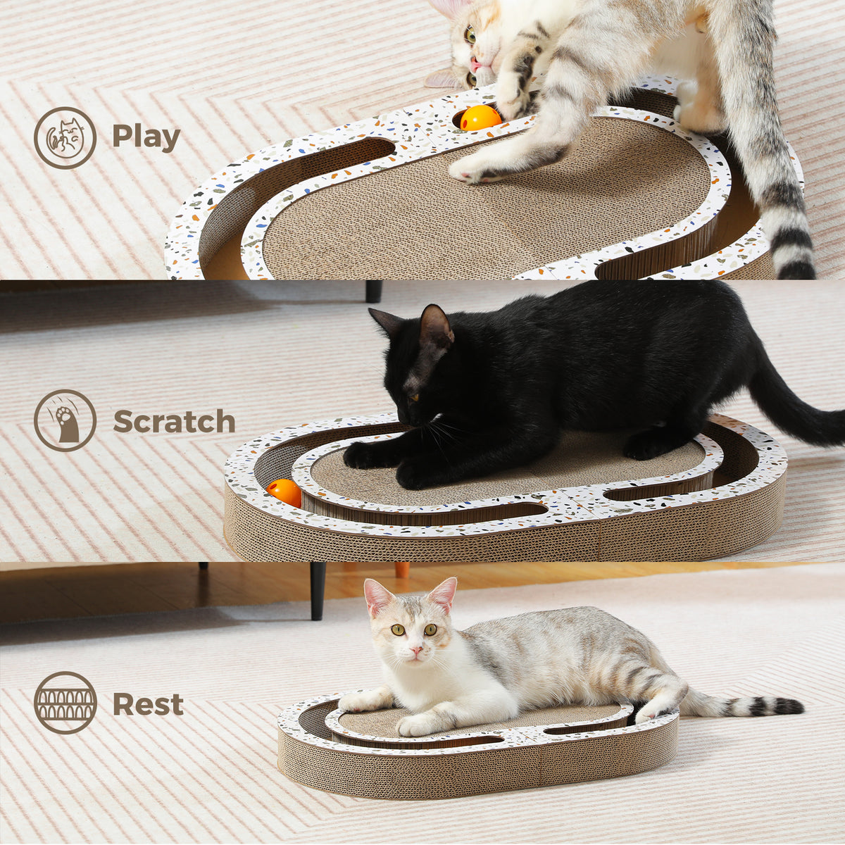 Three usage panels of the cardboard scratcher showing a tabby batting the track ball, a black cat scratching and resting
