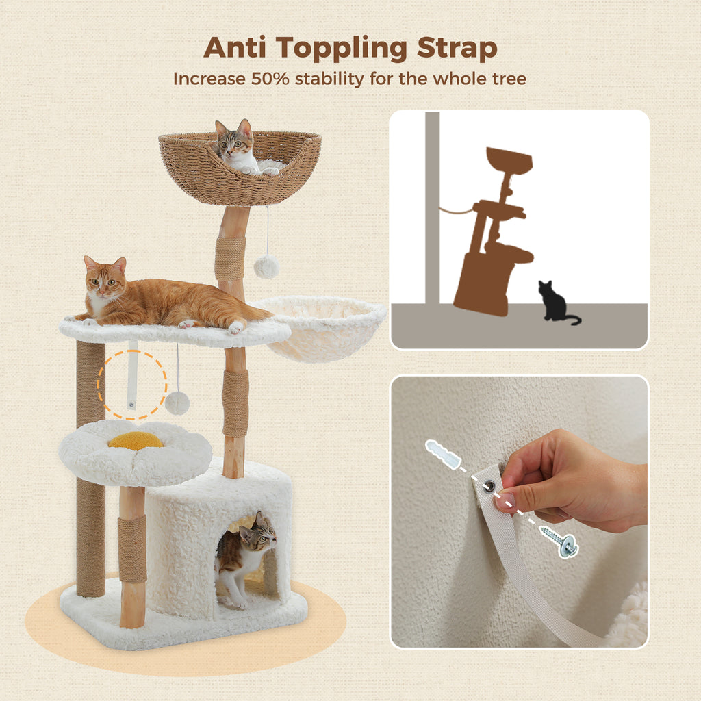 Infographic of the anti-toppling wall strap on the cat tree, claiming 50 percent more stability, three cats