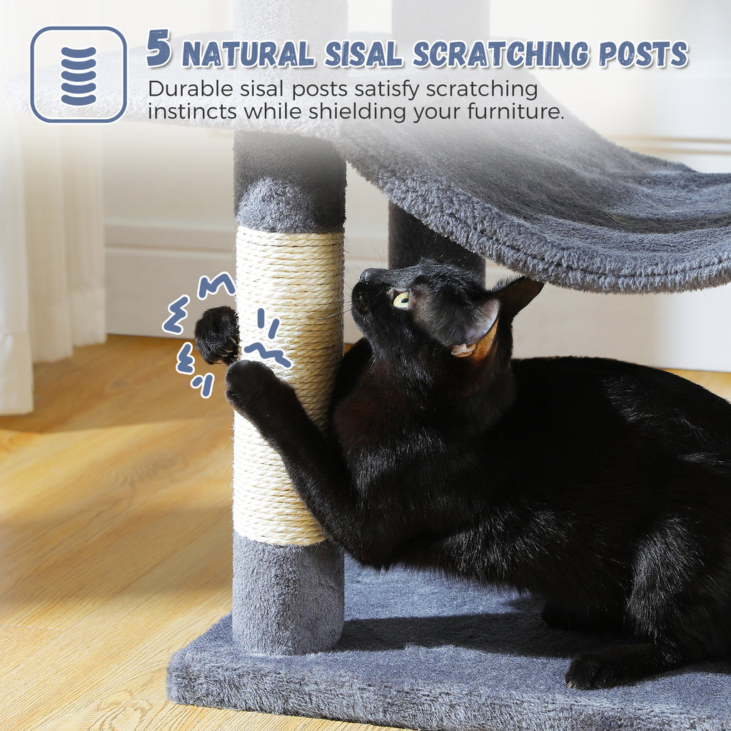 Black cat scratches a cream sisal post on a charcoal Mid-Rise tree beside a five natural scratching posts caption