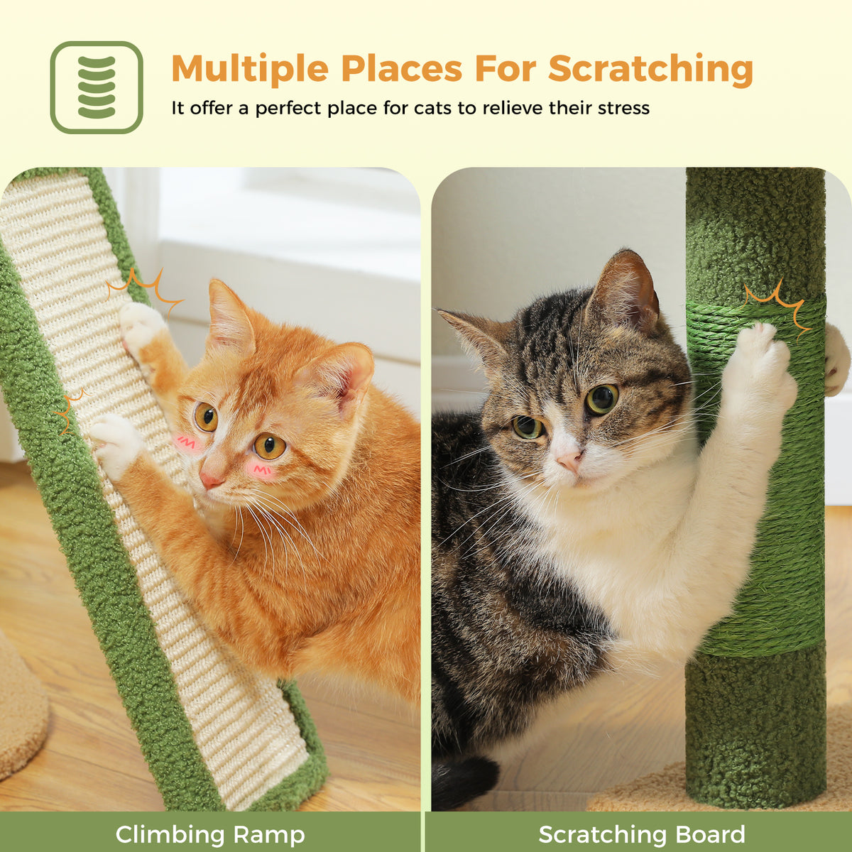 Scratching guide for the green cat tree, ginger tabby claws the ramp while a second cat uses the sisal post