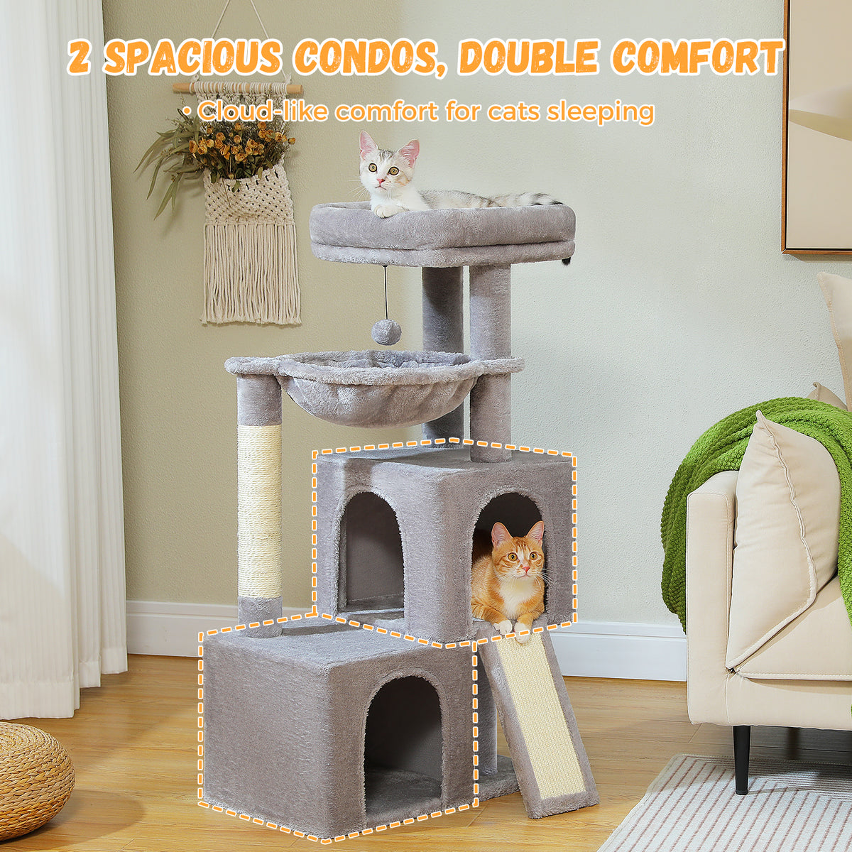 Grey cat tree with round top bed and double arched condos, white tabby kitten on top and ginger cat peeking from a cubby