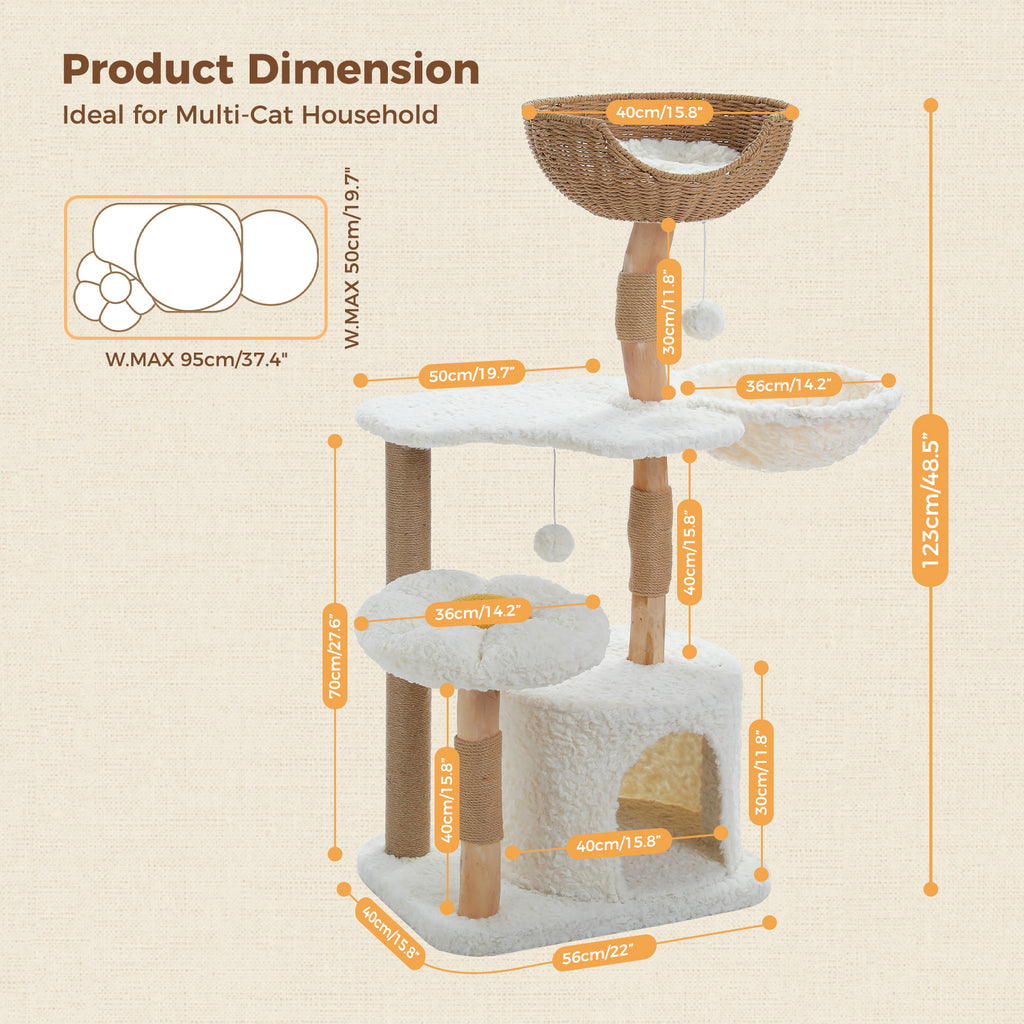 Dimension diagram of the 123cm natural wood cat tree with basket, daisy and cloud platforms and base labels