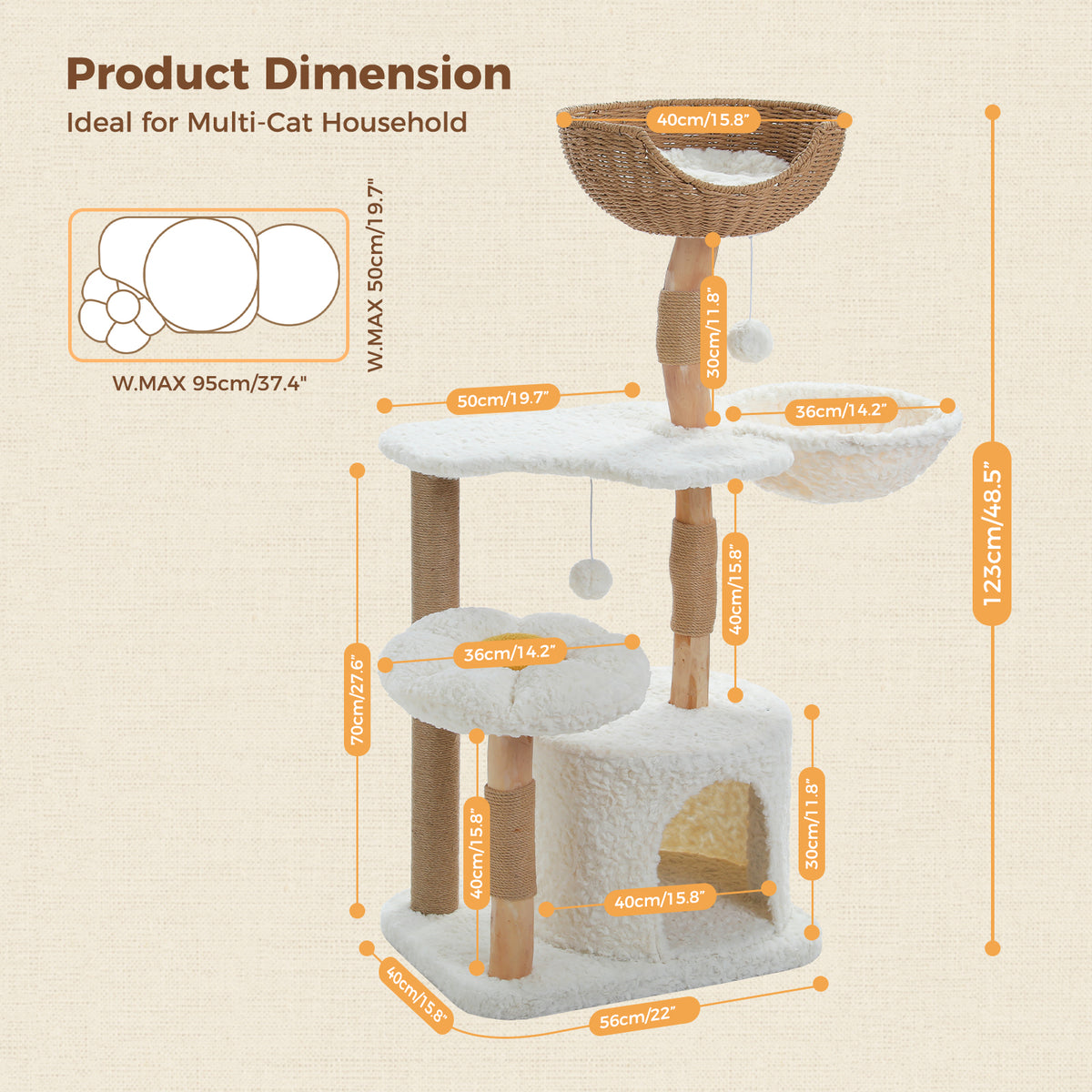 Dimension diagram of the 123cm natural wood cat tree with basket, daisy and cloud platforms and base labels