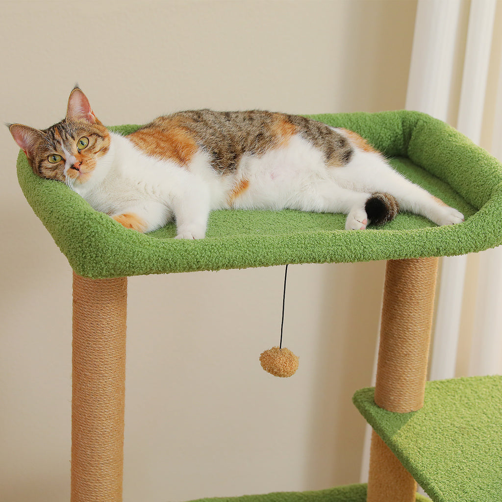 Calico cat stretched on the plush green top perch of the 110cm cat tree near a white curtain window