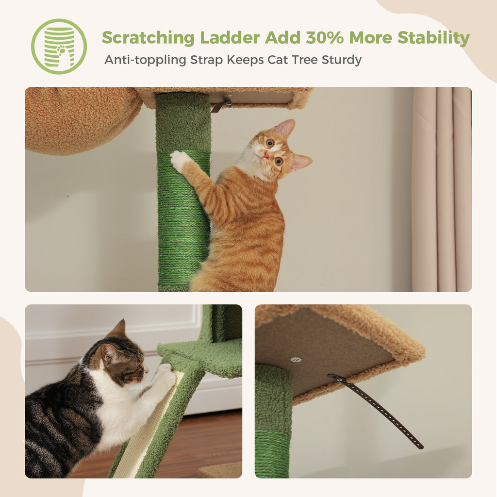 Feature graphic of the anti-toppling strap and scratching ladder that add 30 percent more stability to the cat tree