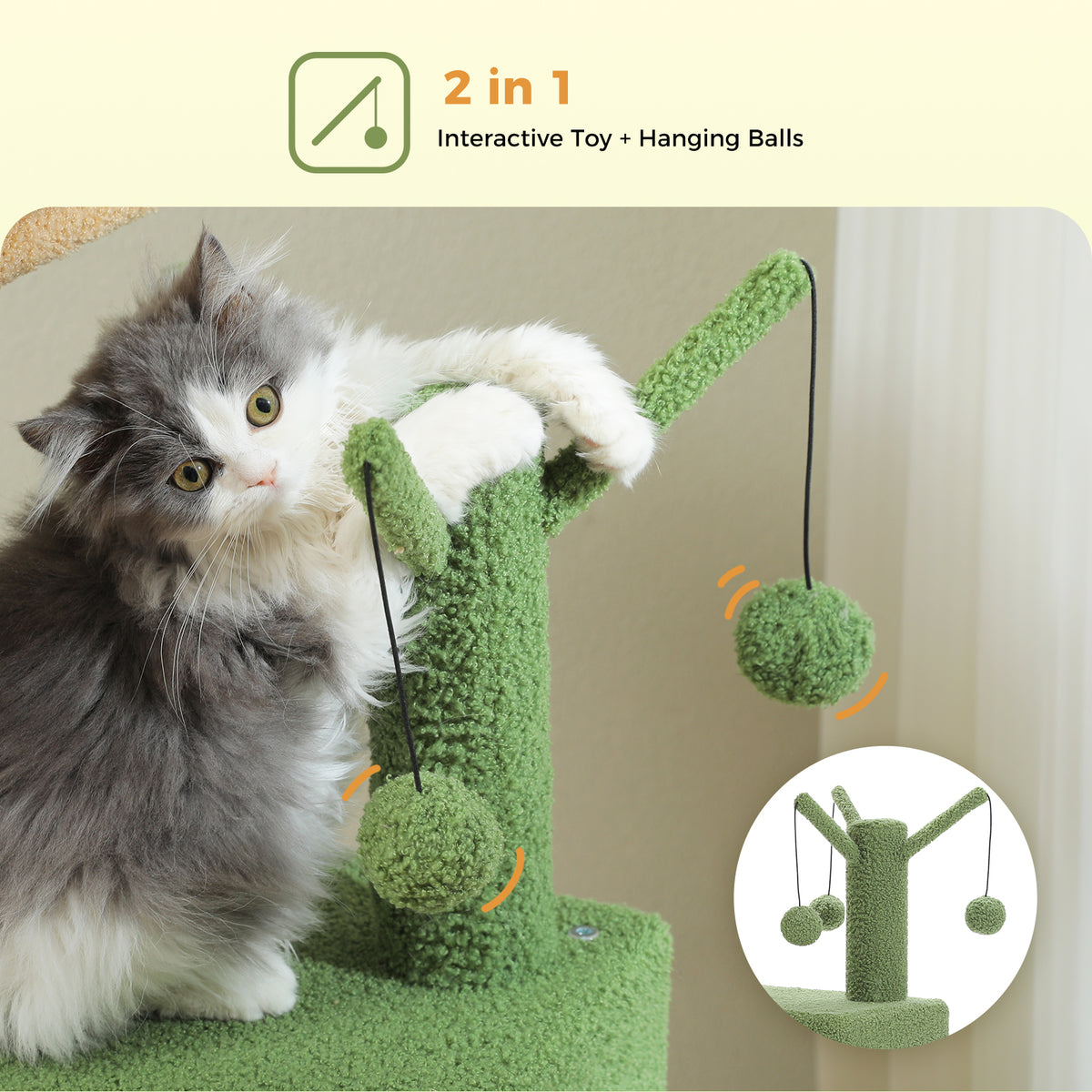 Grey and white cat hugs the cactus style interactive post with hanging green balls on the green cat tree