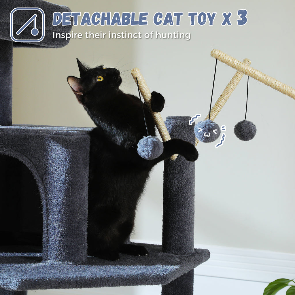 Black cat bats sisal toy wands on a Mid-Rise cat tree under a detachable cat toy x3 caption in a bright room