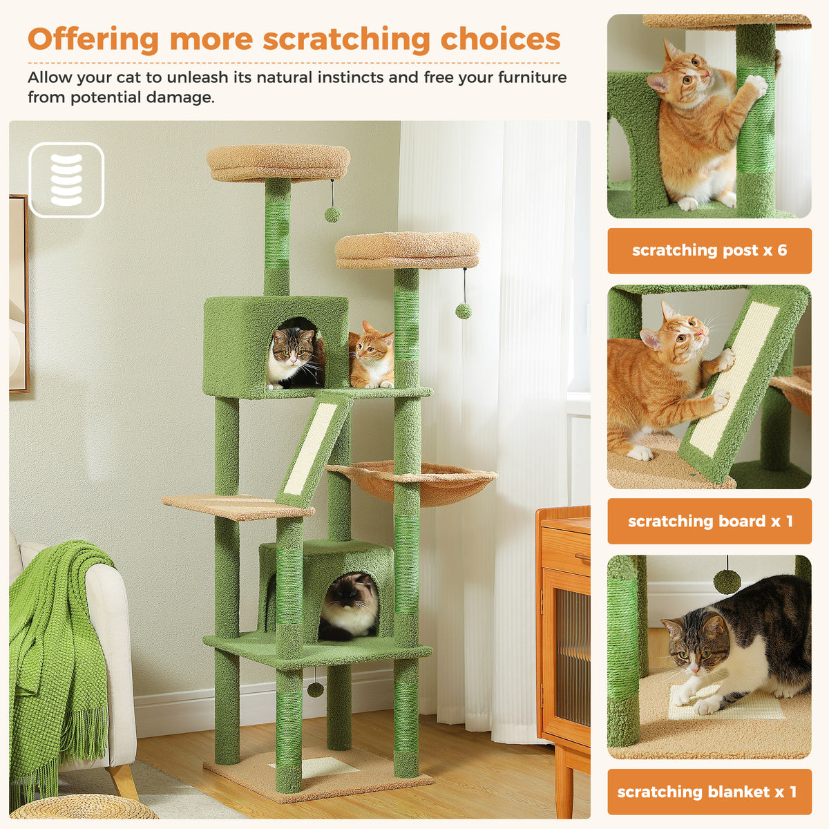 Green and beige 180cm cat tree with six cat images and scratching-choice labels for six posts, one board and one blanket