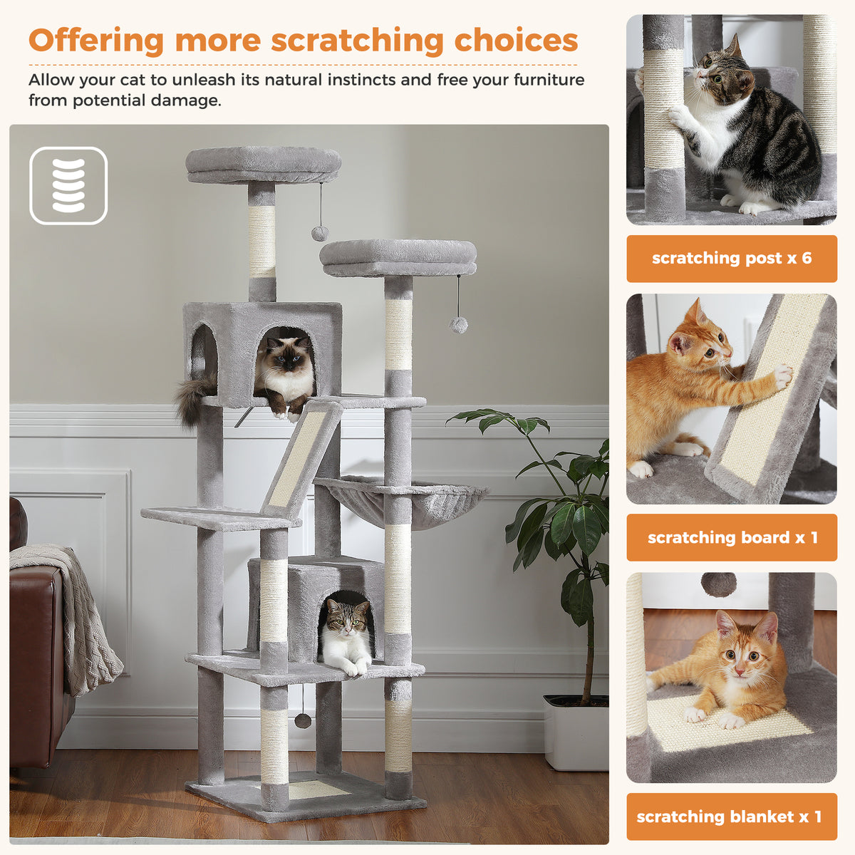 Grey 180cm cat tree scratching graphic: three cat insets, counts of six posts, one board, one blanket