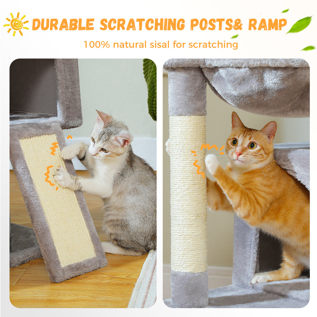 Kitten scratching a sisal climbing ramp while an orange tabby claws a sisal post, promo about durable scratching areas