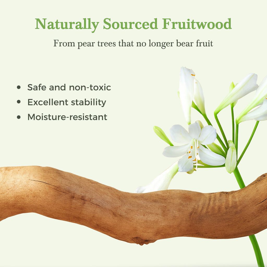 Fruitwood material infographic with pear-wood branch close-up, safe, non-toxic and stability claims
