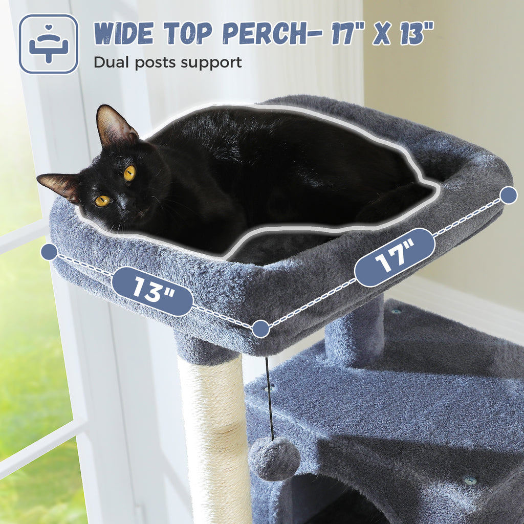 Black cat rests on the wide padded top perch of a charcoal Mid-Rise cat tree beside a 17 by 13 inch label