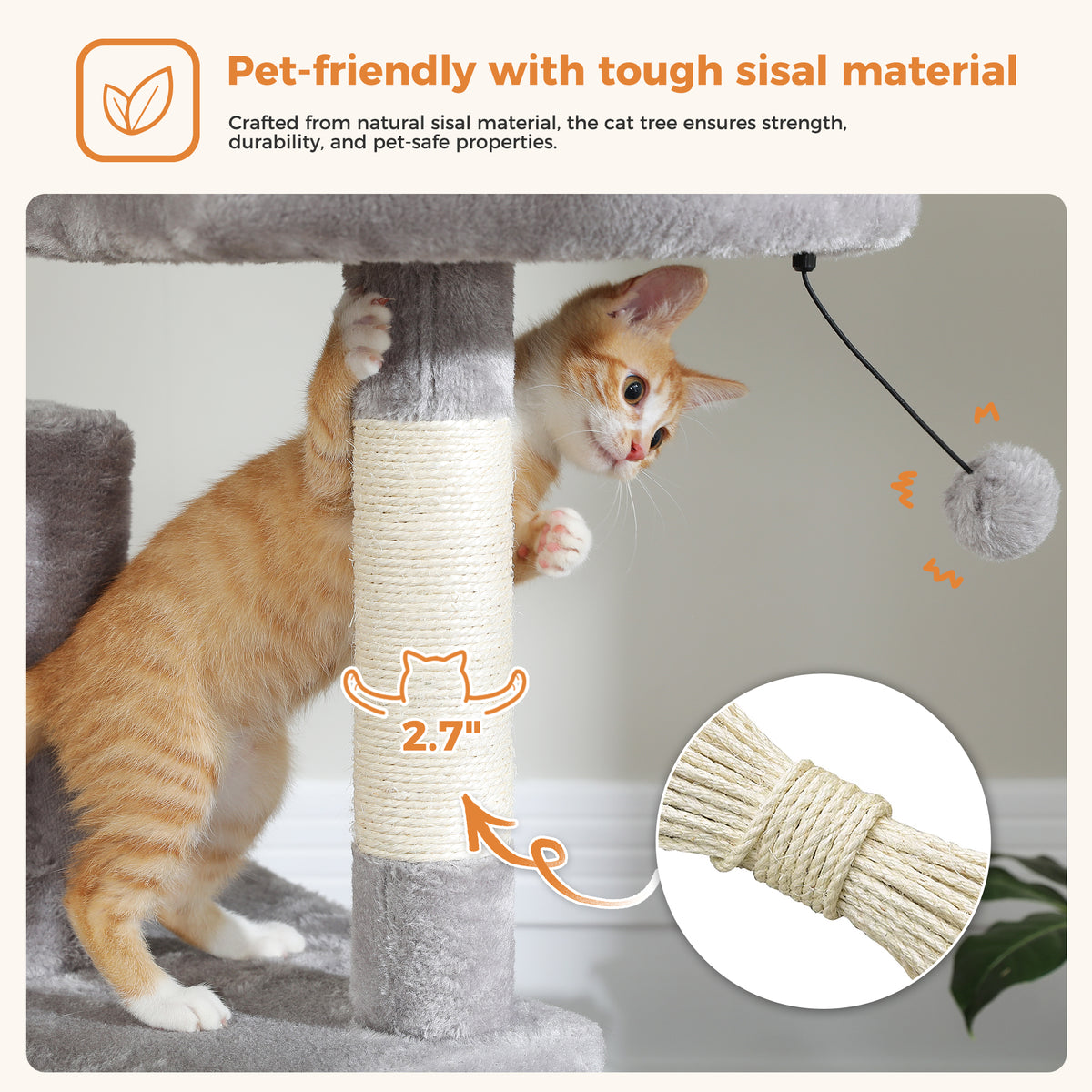 Close-up of ginger kitten hugging a 2.7-inch sisal post on a grey 180cm cat tree, natural sisal feature text nearby