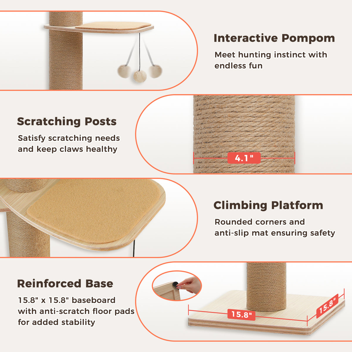 Feature infographic of the beige cat tree: interactive pompom, thick sisal posts, platforms and reinforced base
