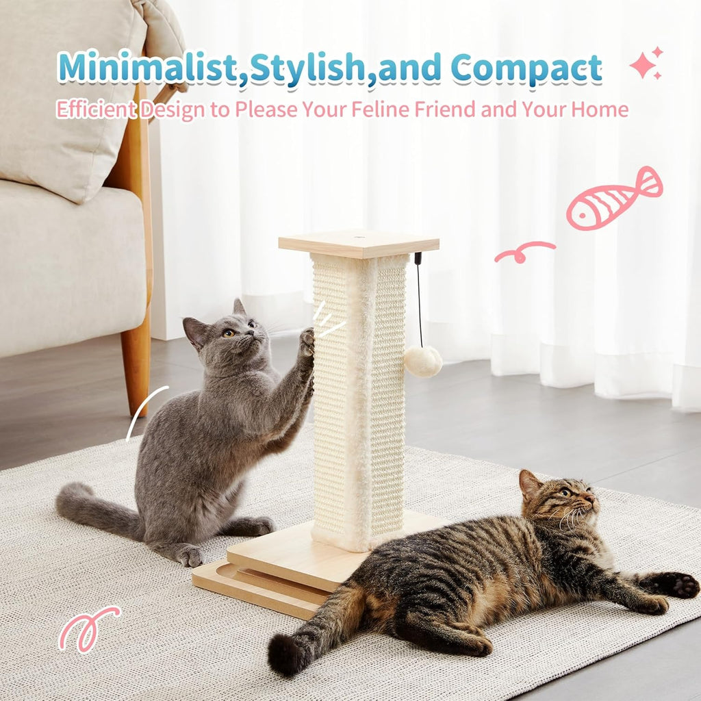 Grey cat stretches upright to claw the sisal post of a compact scratching tower while a brown tabby rests on the rug