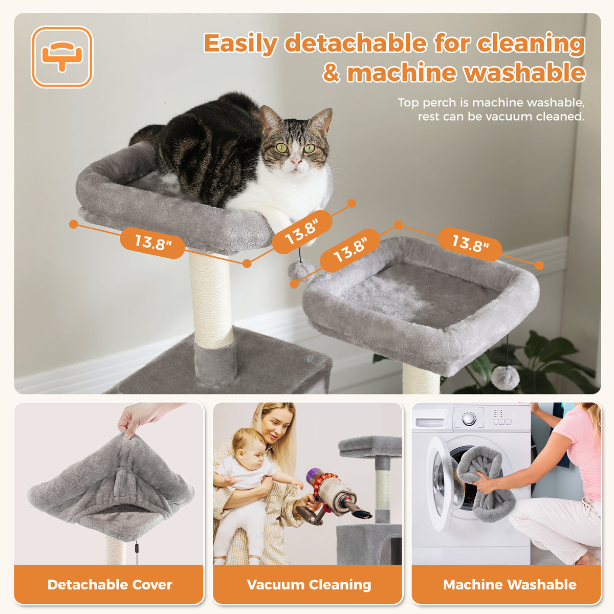 Grey 180cm cat tree cleaning graphic: square top perches with tabby, detachable cover, vacuum and wash demos
