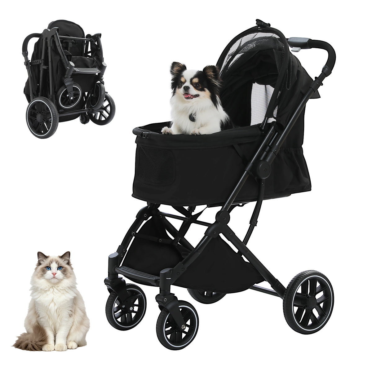 Black pet stroller with a long-haired dog inside, folded compact version above and a blue-eyed fluffy cat beside it