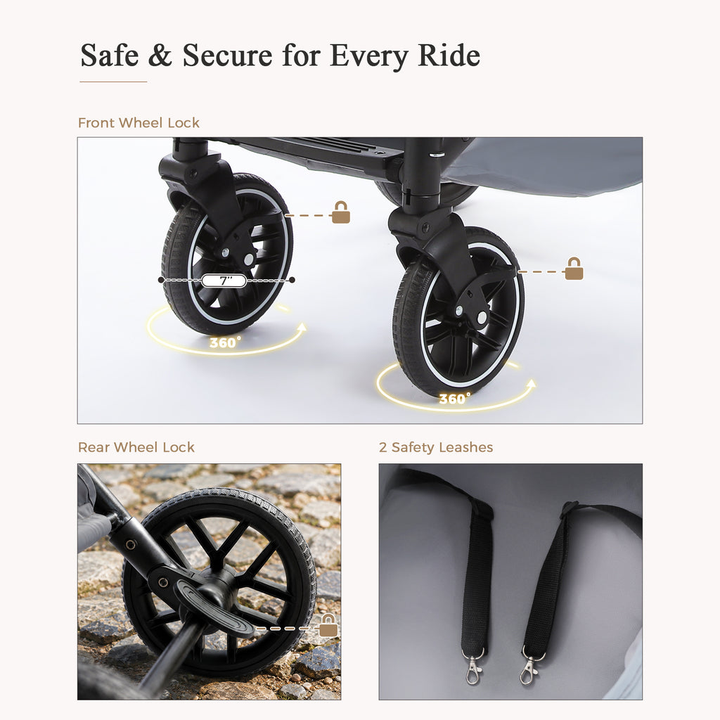 Safety graphic for the pet stroller with lockable wheels, 360-degree swivel callouts and two interior safety leashes