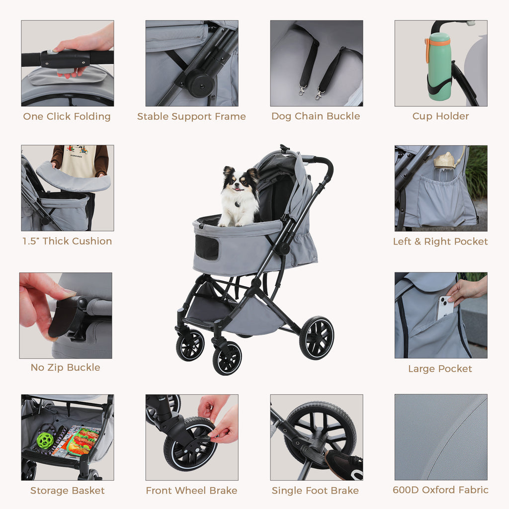 Twelve labeled detail photos around a grey pet stroller covering one-click folding, brakes, cushion, pockets and basket