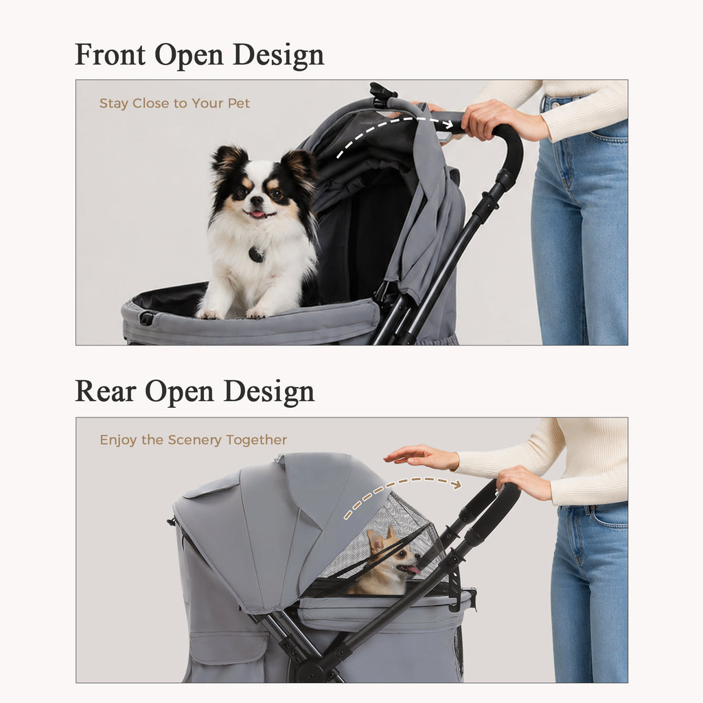 Owner pushes a grey pet stroller with the canopy opened at the front and then at the rear, small dog inside the carrier