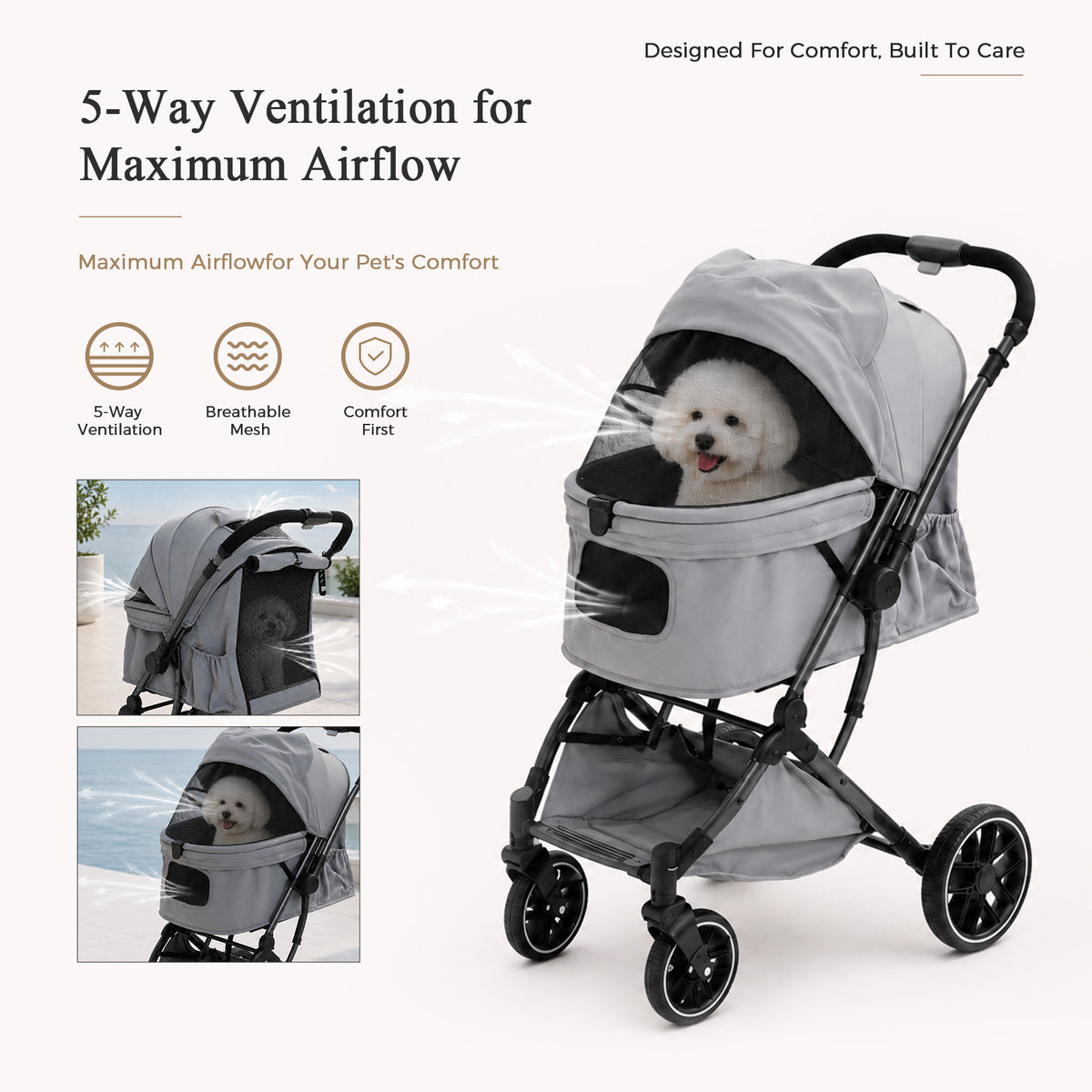 Fluffy white dog riding in a grey pet stroller with mesh windows and airflow lines, five-way ventilation feature banner