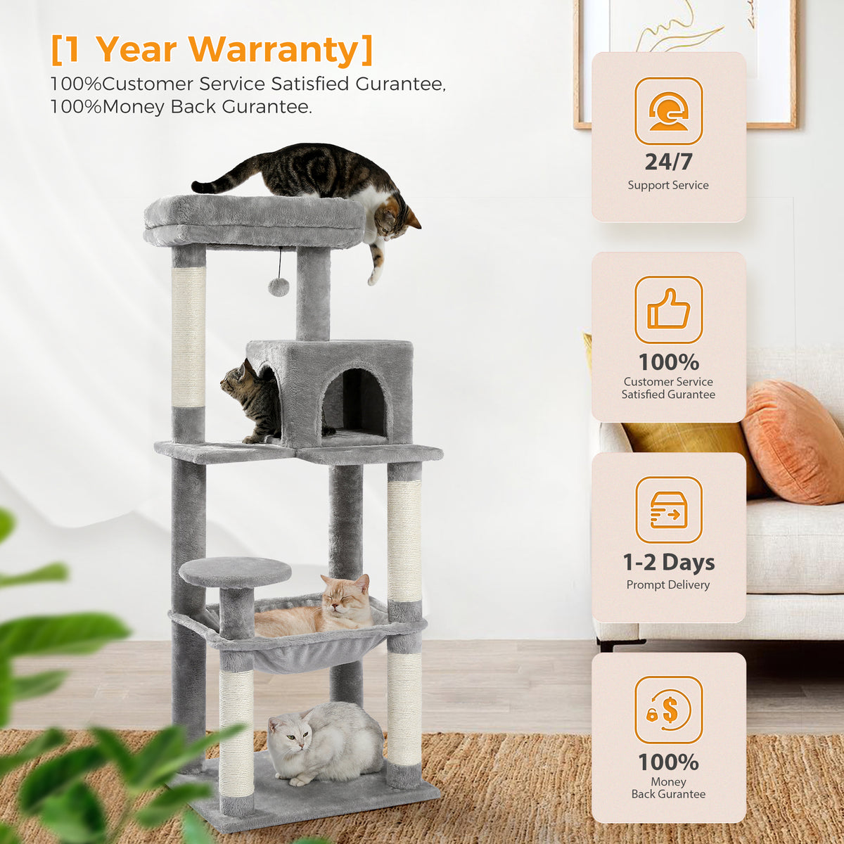 Grey 143cm cat tree, top bolster perch in focus, four cats, warranty and benefit callouts