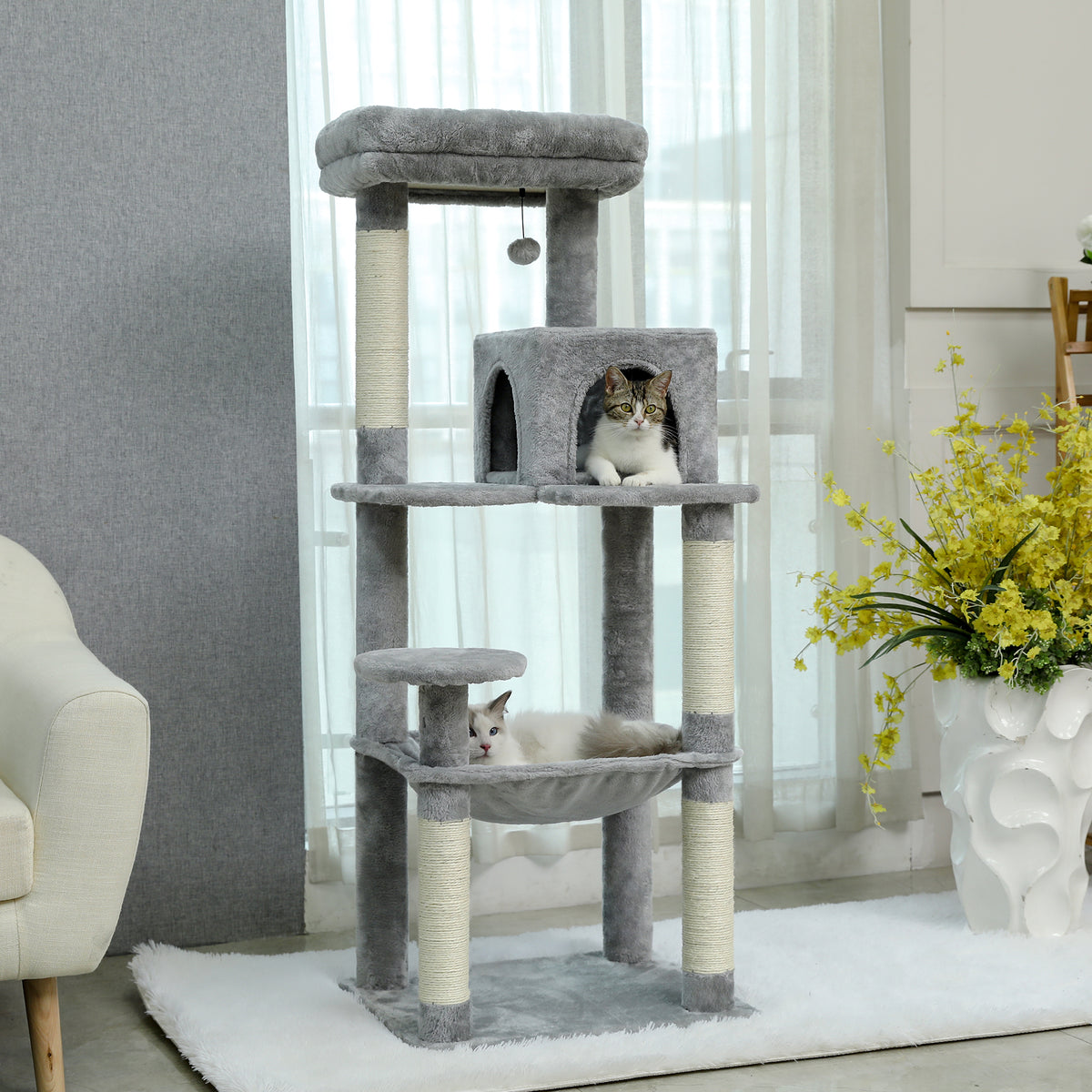 Grey 143cm cat tree detail: toy under top perch, tabby in condo, cream cat in hammock