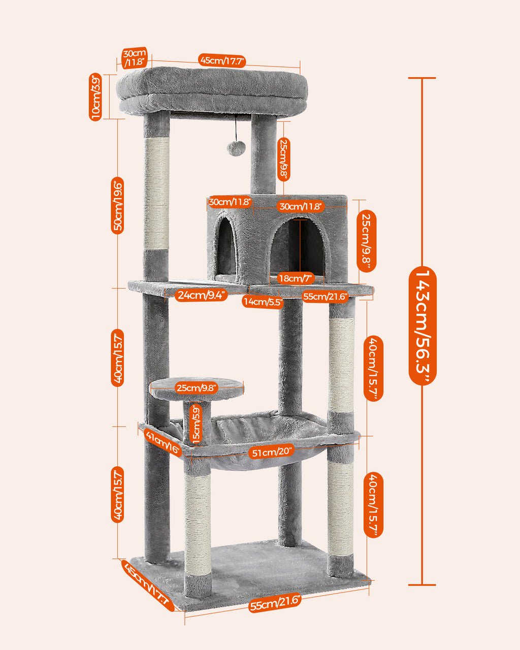 Dimension diagram of grey 143cm cat tree with orange cm and inch labels for base, hammock, round step, condo and top bed