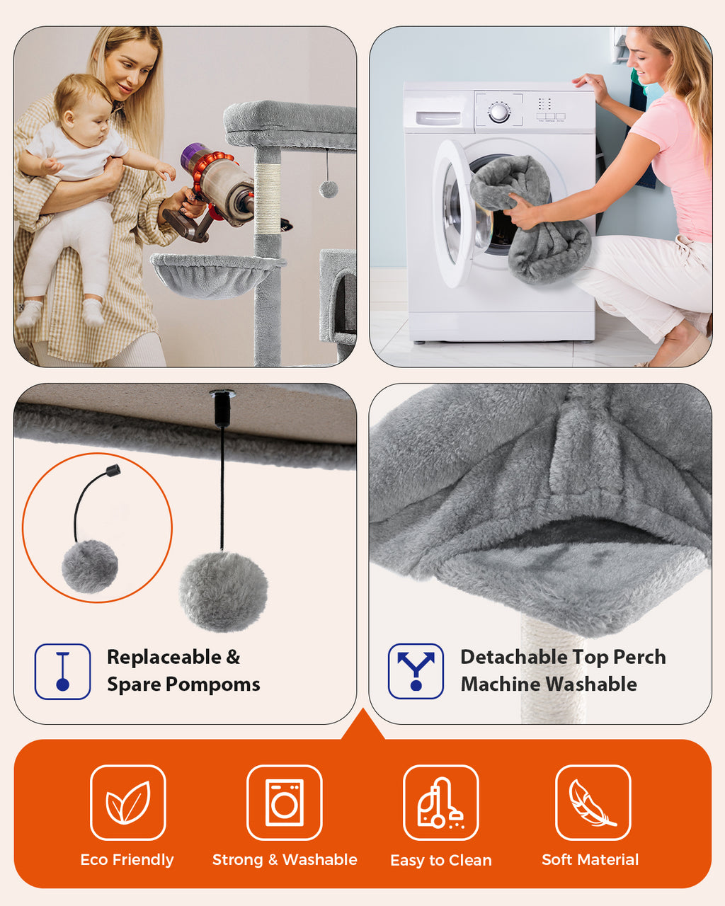 Four-panel care graphic of grey 143cm cat tree: vacuuming, machine wash, spare pompoms, eco icons