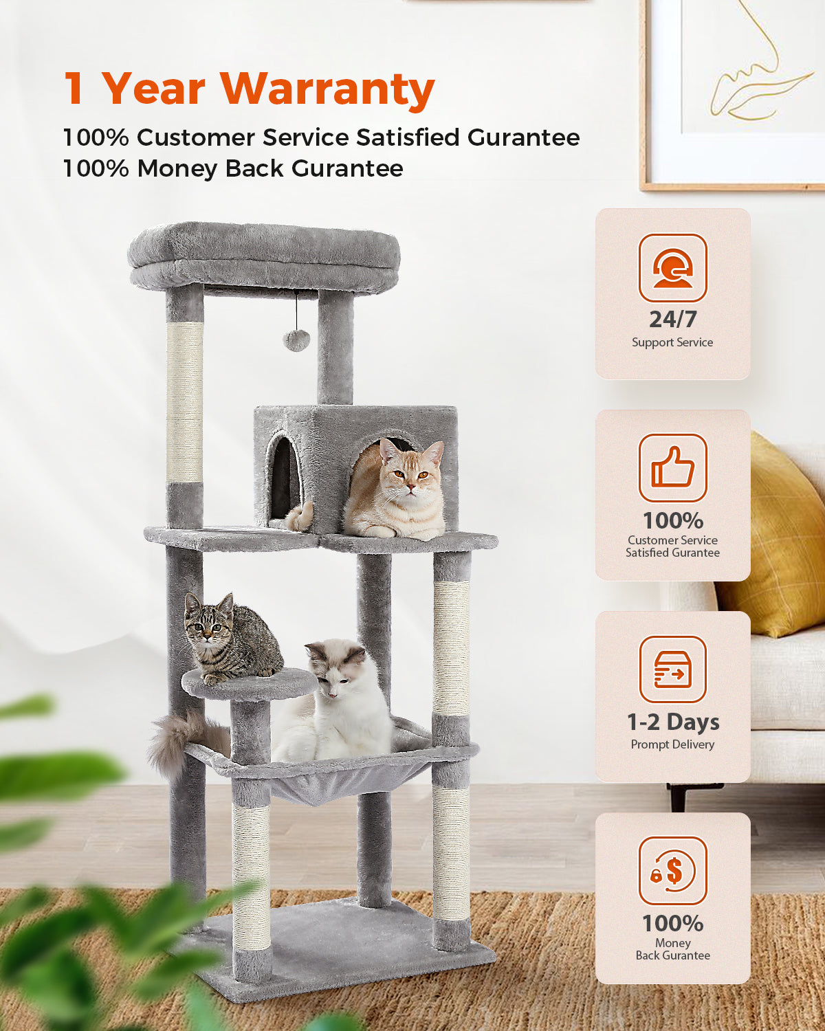 Grey 143cm cat tree with condo, hammock, round perch and top bed, three cats, warranty and service benefit callouts