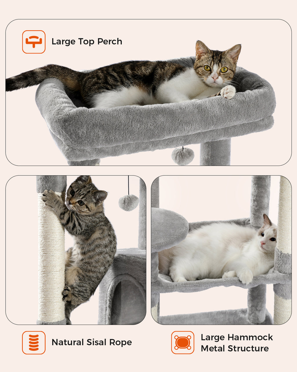 Three-panel graphic of grey 143cm cat tree: tabby on top perch, cat scratching sisal, framed hammock