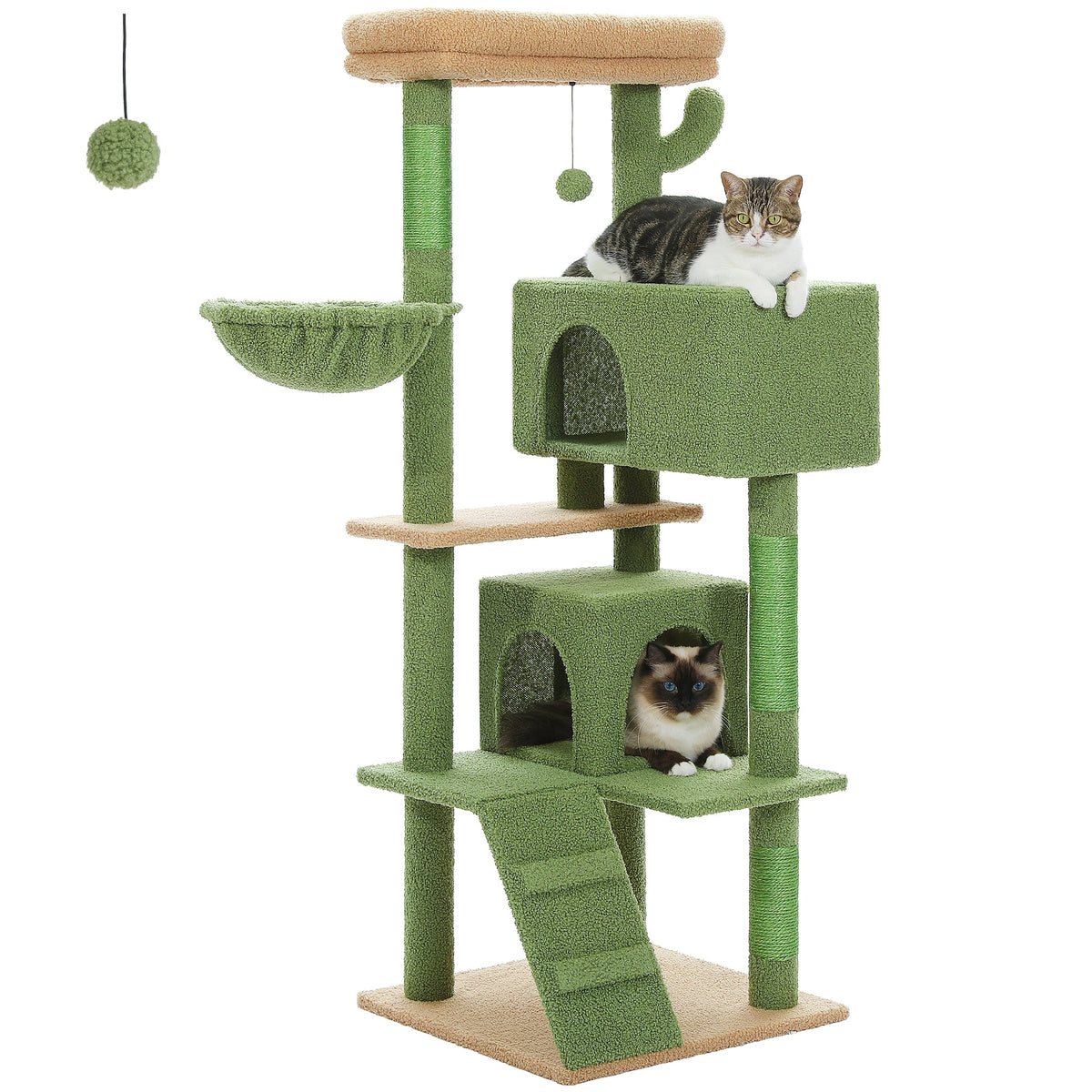 Green seven-level cat tower in a living room with tabby and white cats on the condos and paw print route