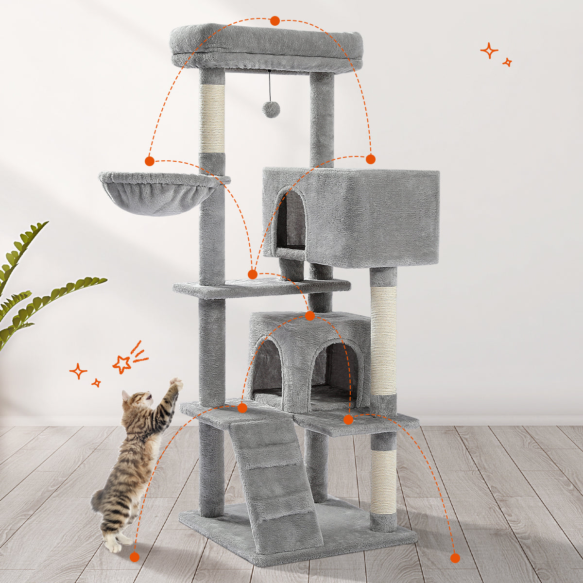 Grey 143cm cat tower with a wide sisal ramp, tabby cat stretches to scratch while orange dots mark the climb path