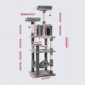 Size diagram of a charcoal-grey cat tree labelled 154 cm tall with a 46 cm base, pink lines on dotted grey