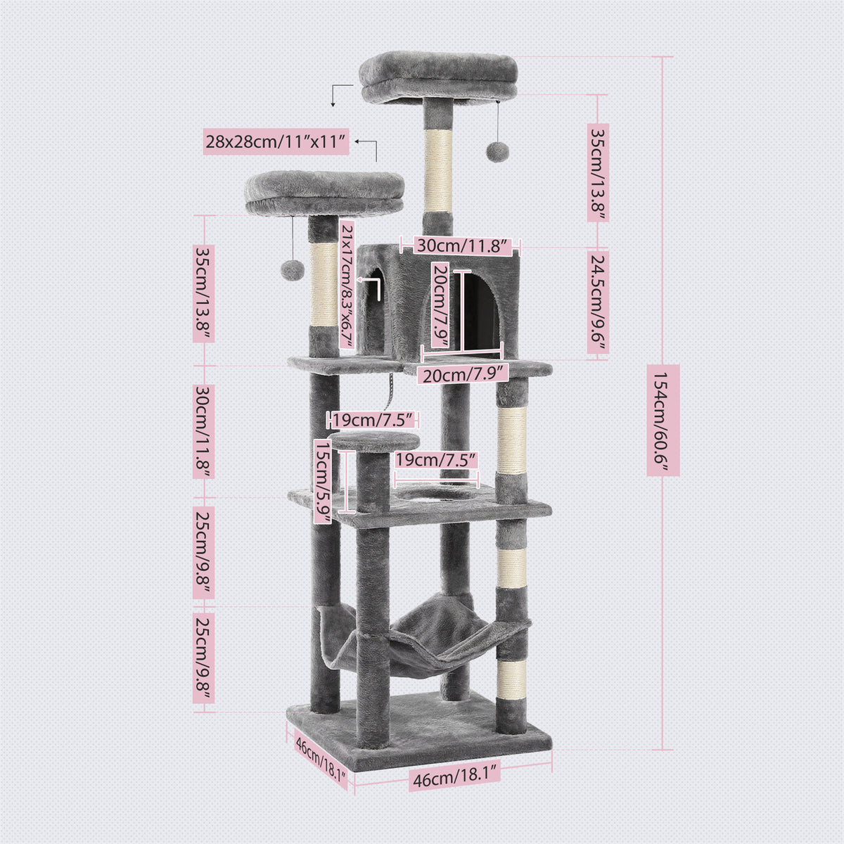 Size diagram of a charcoal-grey cat tree labelled 154 cm tall with a 46 cm base, pink lines on dotted grey