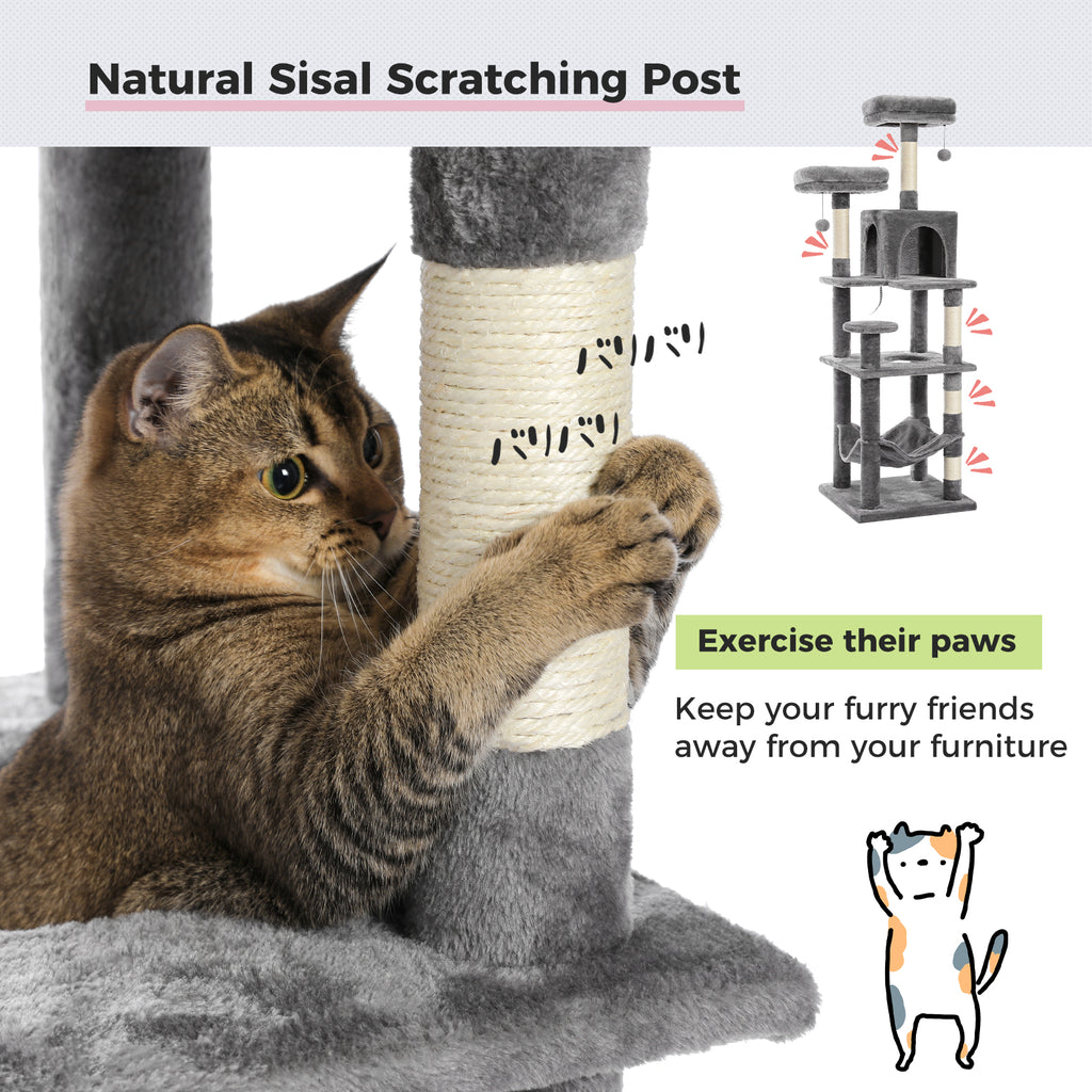 Brown tabby scratching a cream sisal post, 'Natural Sisal Scratching Post' banner with a cartoon cat graphic