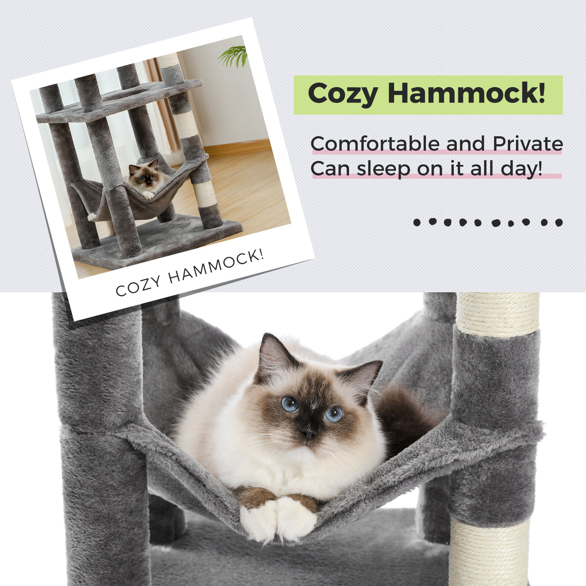 Seal-point cat in a charcoal-grey plush hammock, 'Cozy Hammock' feature graphic with Comfortable and Private notes