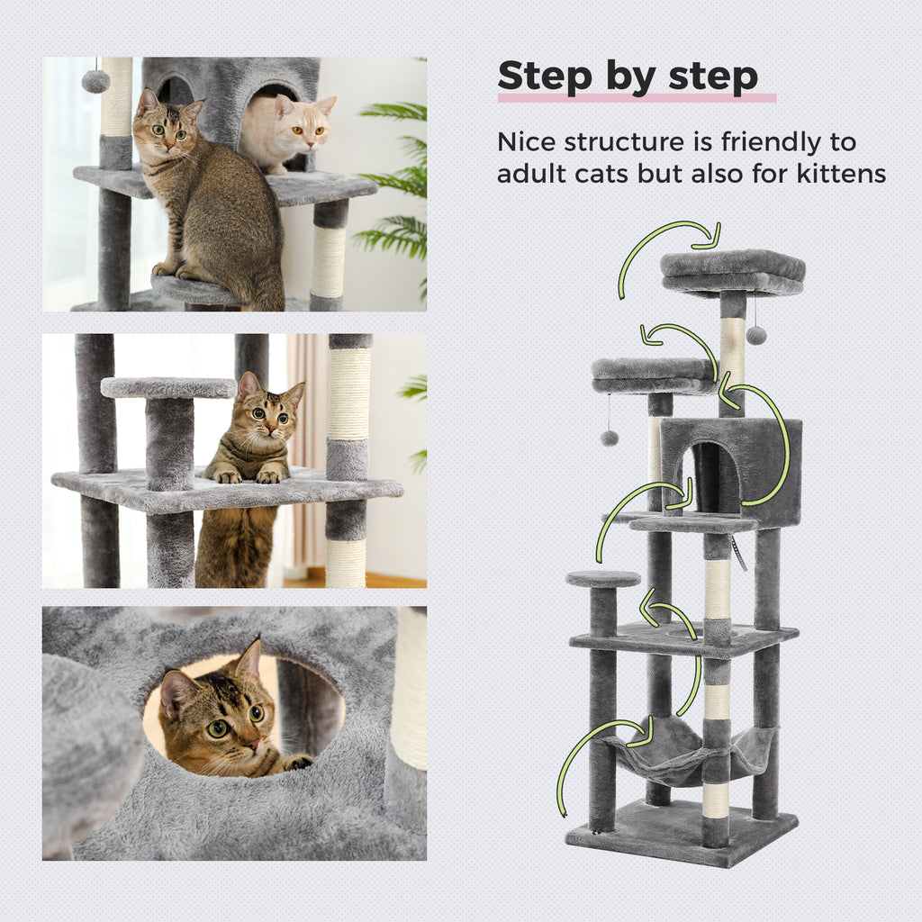 Grey cat tree with green arrows tracing a step-by-step climb path, tabby-cat inset photos and a 'Step by step' heading