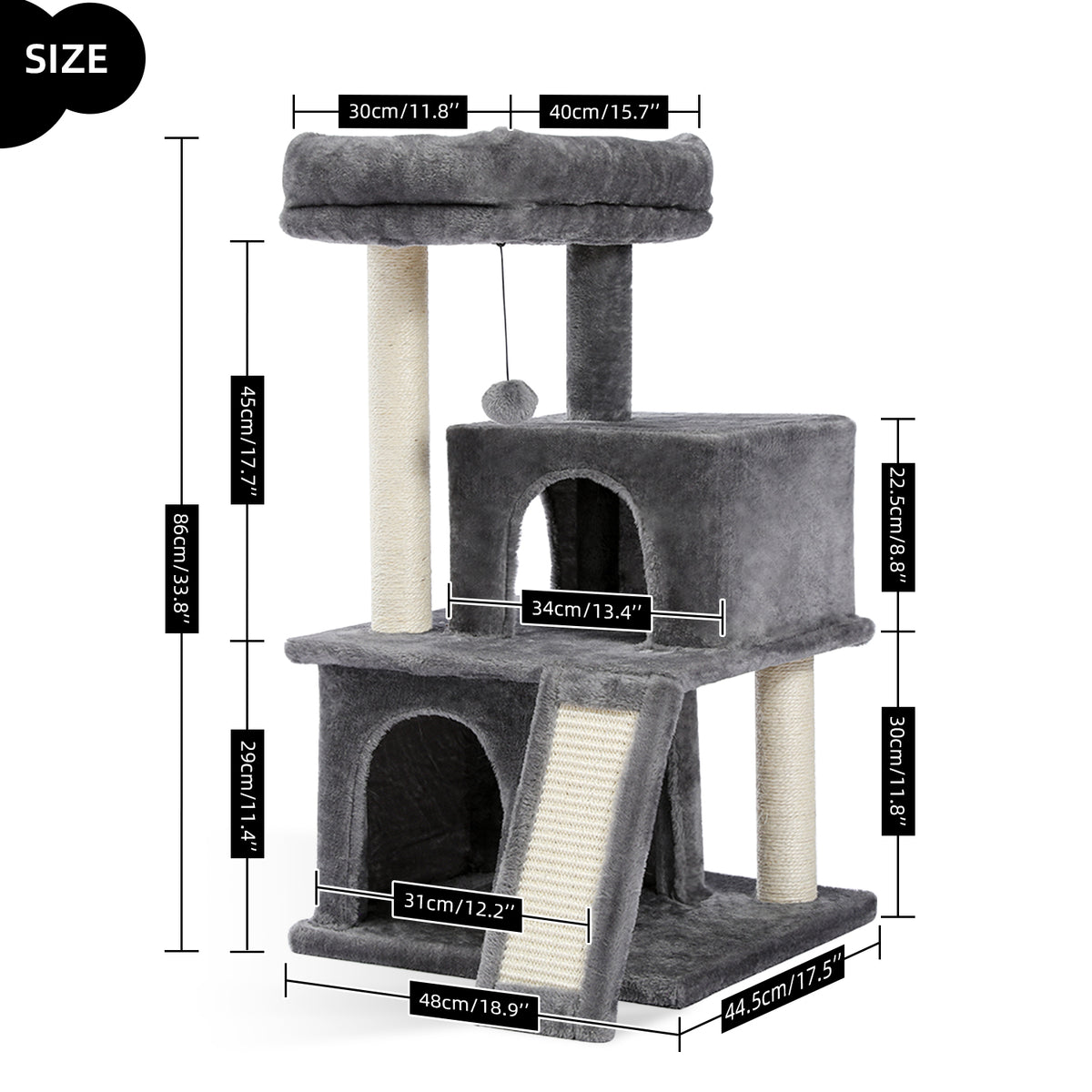 Size diagram of the charcoal grey 86cm cat tree with cm and inch labels for each perch, condo and ramp
