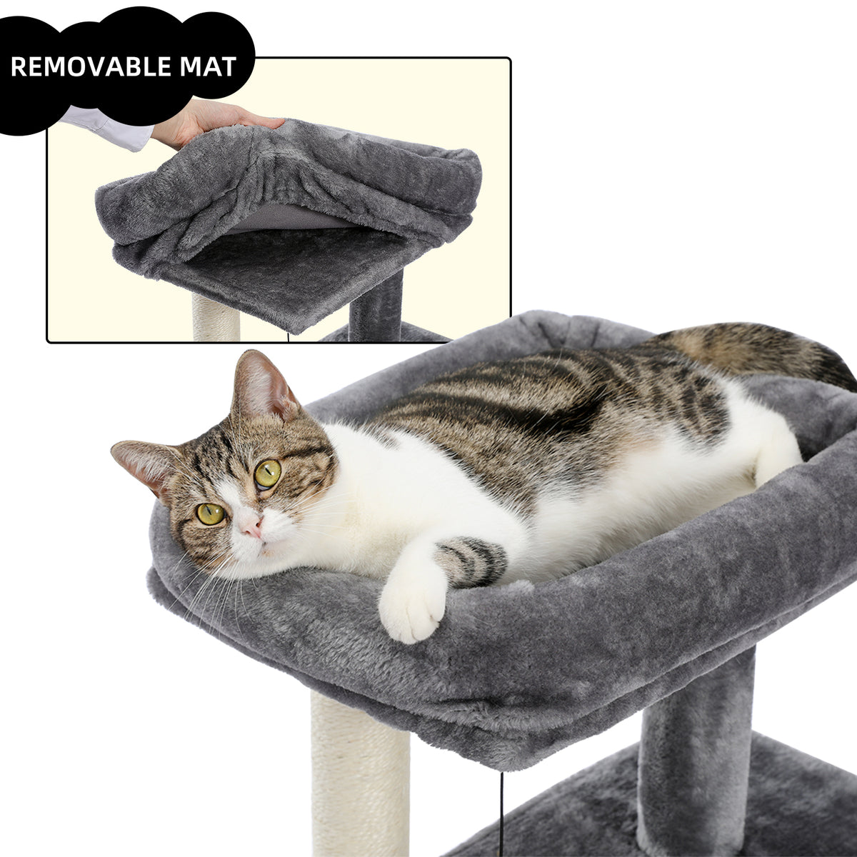 Tabby and white cat lounges on the removable top mat of the grey compact tree, inset shows the pad lifted