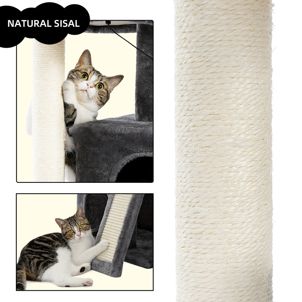 Natural sisal scratching post close-up with a tabby clawing the rope ramp in the labelled detail graphic