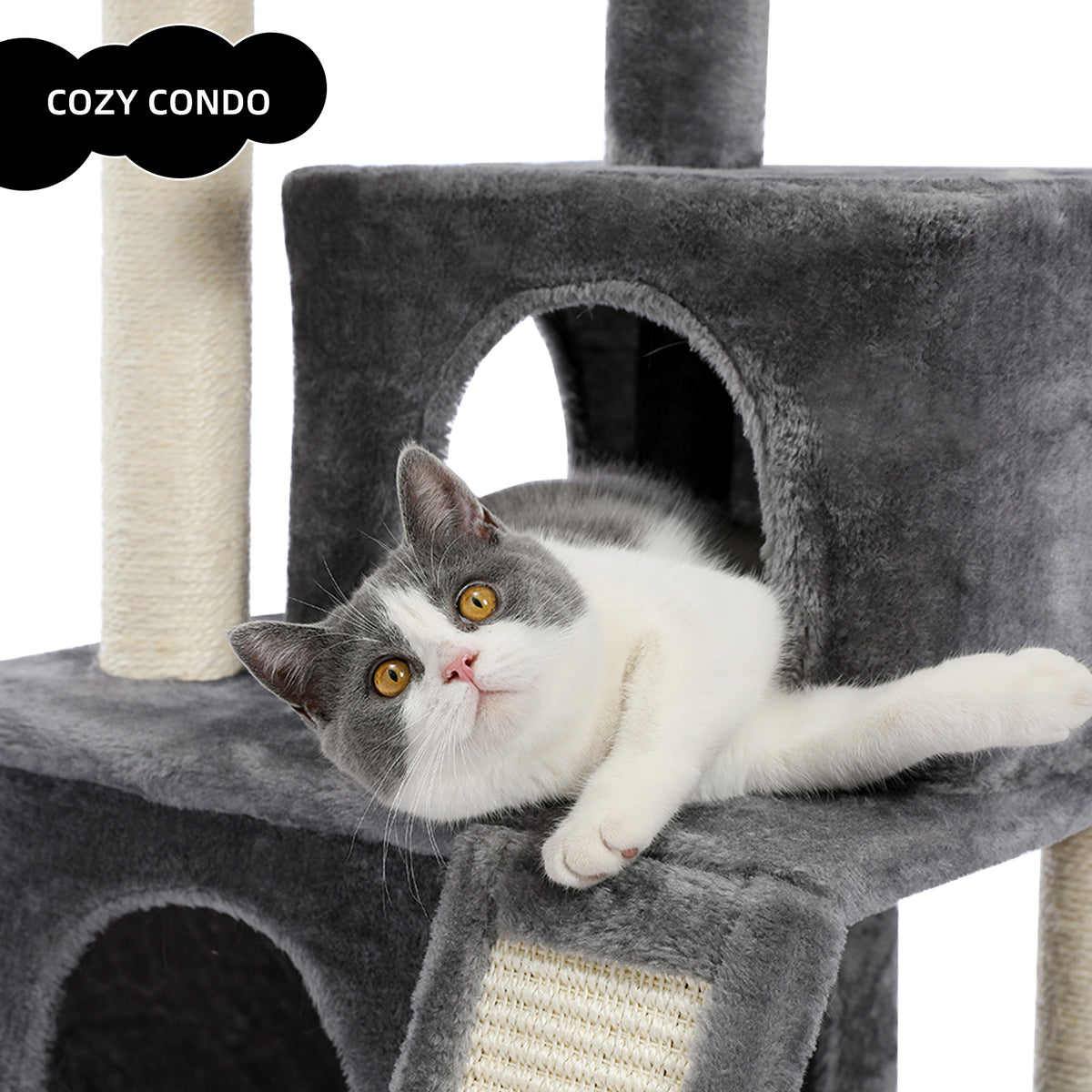 Grey and white cat rests outside the cozy condo arch on the mid platform of the charcoal grey cat tree