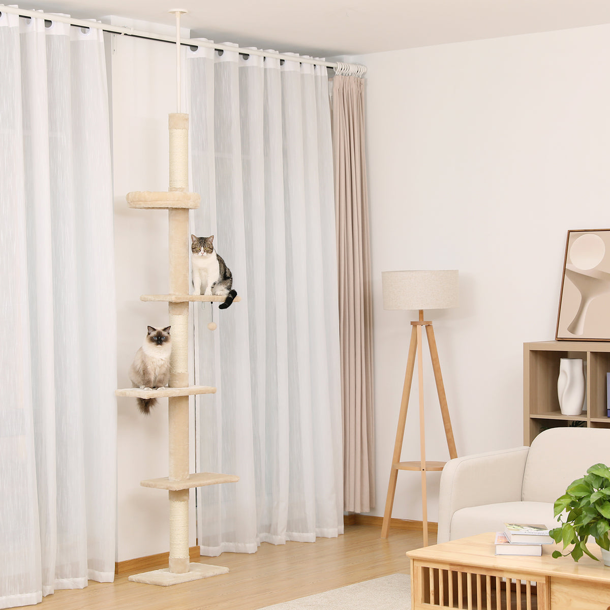 Cream beige slim floor-to-ceiling cat tower in a bright living room with tabby and colorpoint cats on the platforms