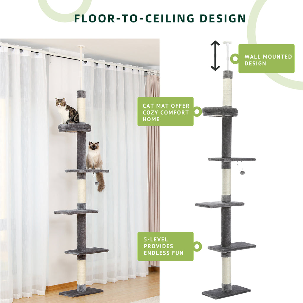 Slim grey floor-to-ceiling cat tower infographic pairing a living room photo with wall-mount feature callouts