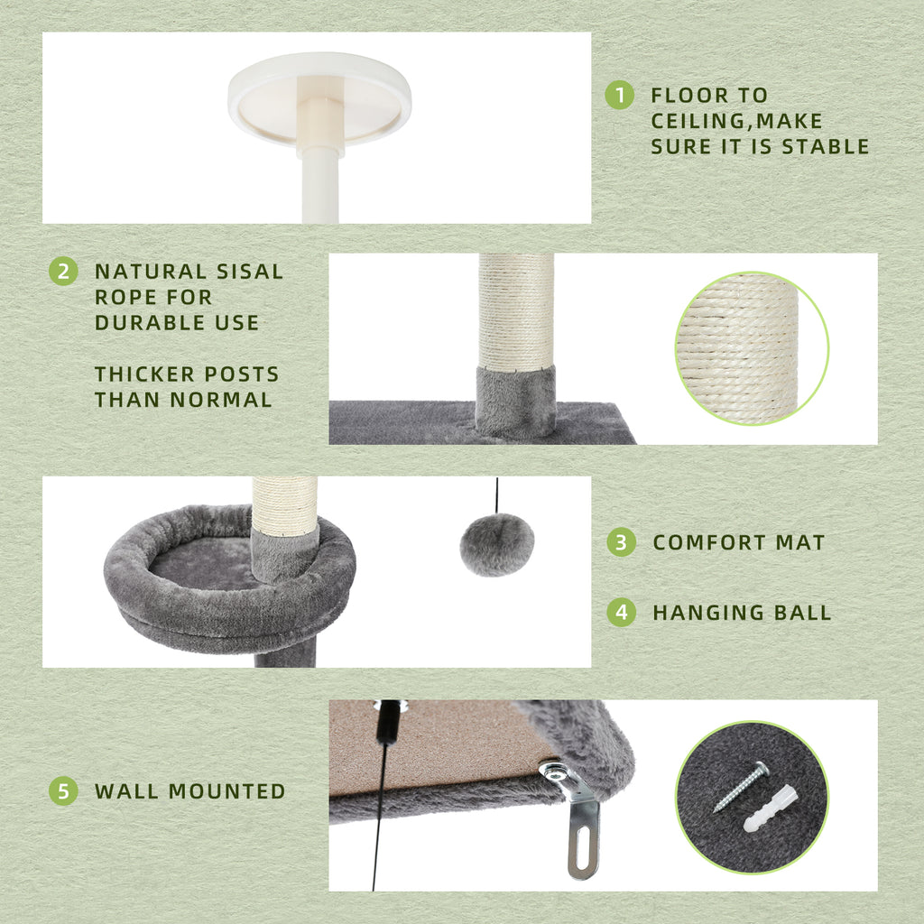 Feature collage of the grey cat tower with numbered close-ups of ceiling rod, sisal post, perch and wall mount
