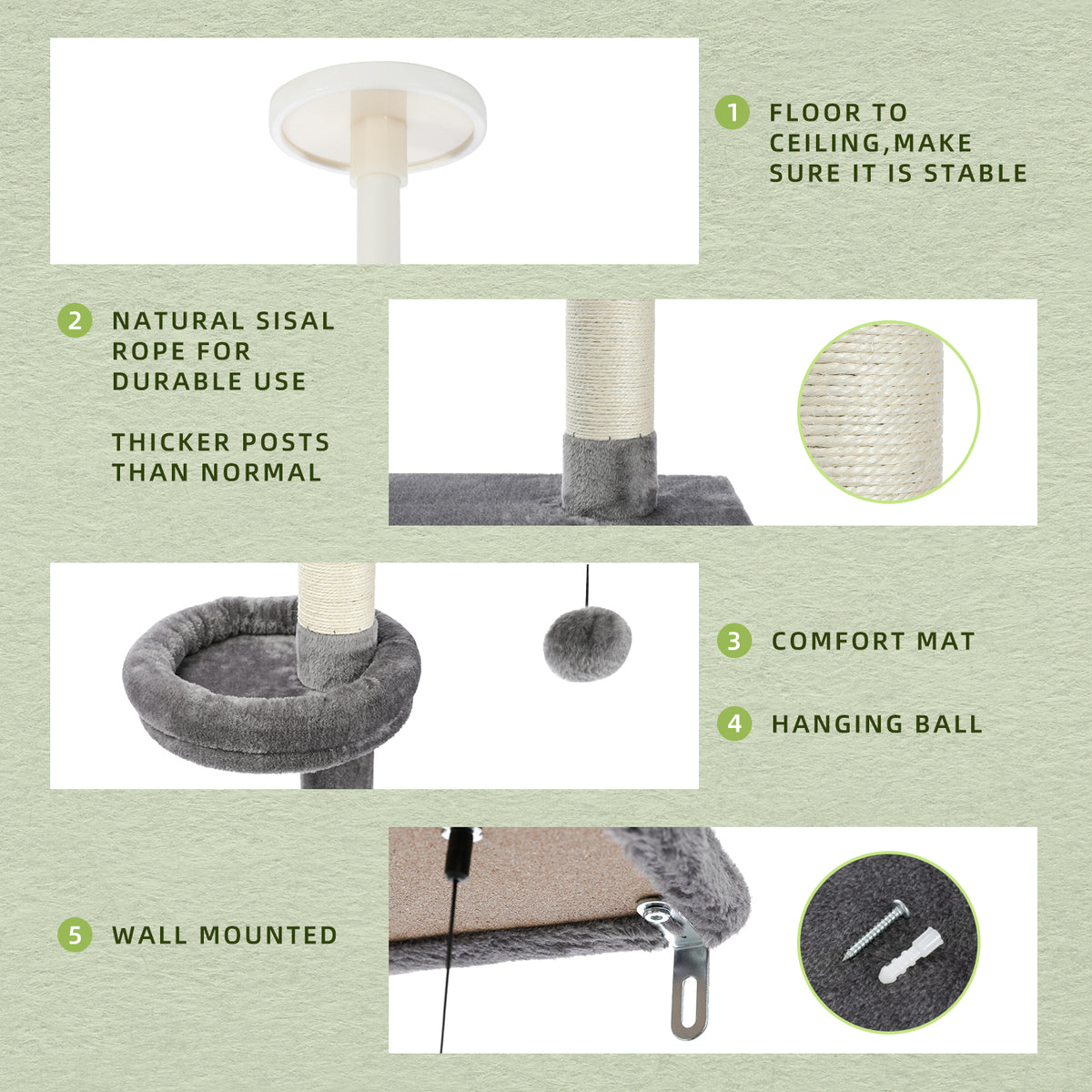 Feature collage of the grey cat tower with numbered close-ups of ceiling rod, sisal post, perch and wall mount