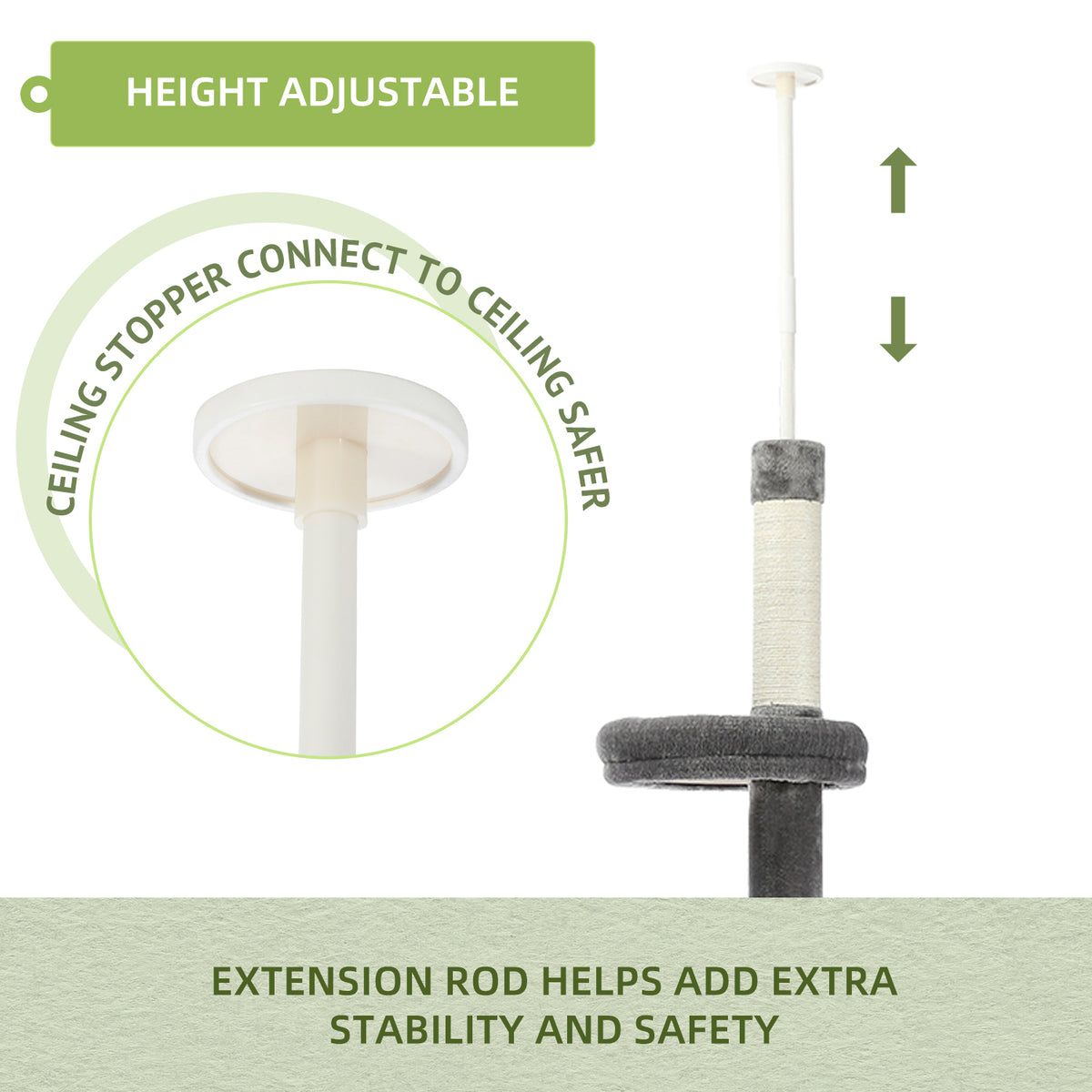 Feature graphic of the grey cat tower extension rod with adjustable height arrows and ceiling stopper safety callouts
